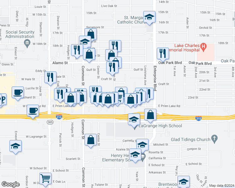 map of restaurants, bars, coffee shops, grocery stores, and more near 3205 Kirkman Street in Lake Charles