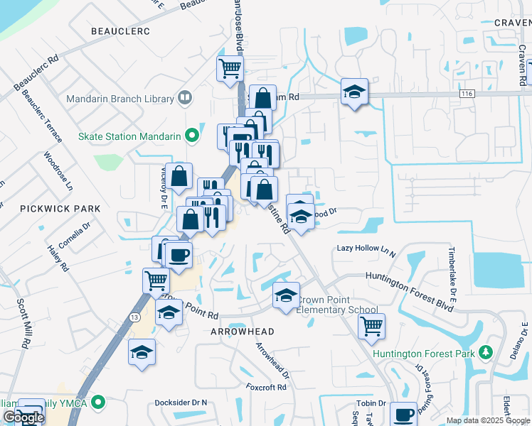 map of restaurants, bars, coffee shops, grocery stores, and more near 3780 Kori Road in Jacksonville