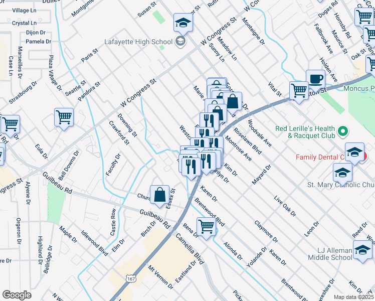 map of restaurants, bars, coffee shops, grocery stores, and more near 122 Emerite Drive in Lafayette