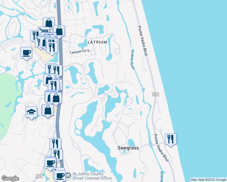map of restaurants, bars, coffee shops, grocery stores, and more near 40 Fishermans Cove Road in Ponte Vedra Beach