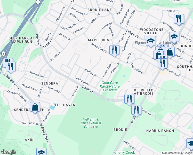 map of restaurants, bars, coffee shops, grocery stores, and more near 4007 Cortina Drive in Austin
