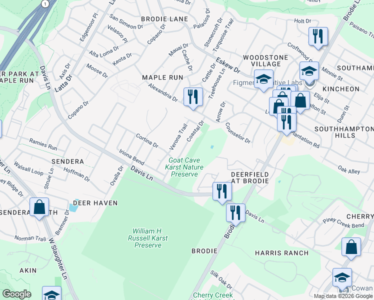 map of restaurants, bars, coffee shops, grocery stores, and more near 8707 Coastal Drive in Austin