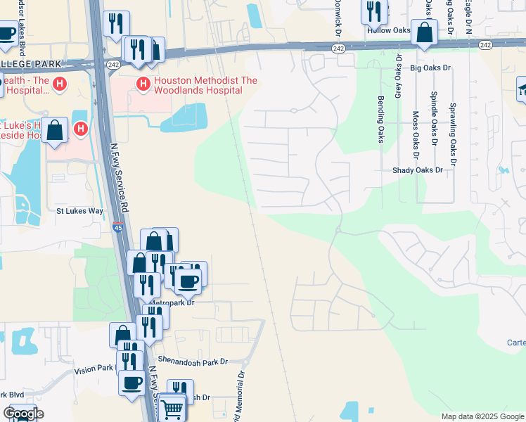 map of restaurants, bars, coffee shops, grocery stores, and more near 8110 Laughing Falcon Trail in Conroe
