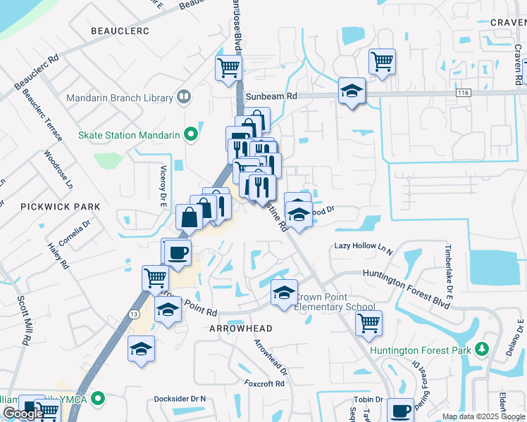 map of restaurants, bars, coffee shops, grocery stores, and more near 9766 Old Saint Augustine Road in Jacksonville