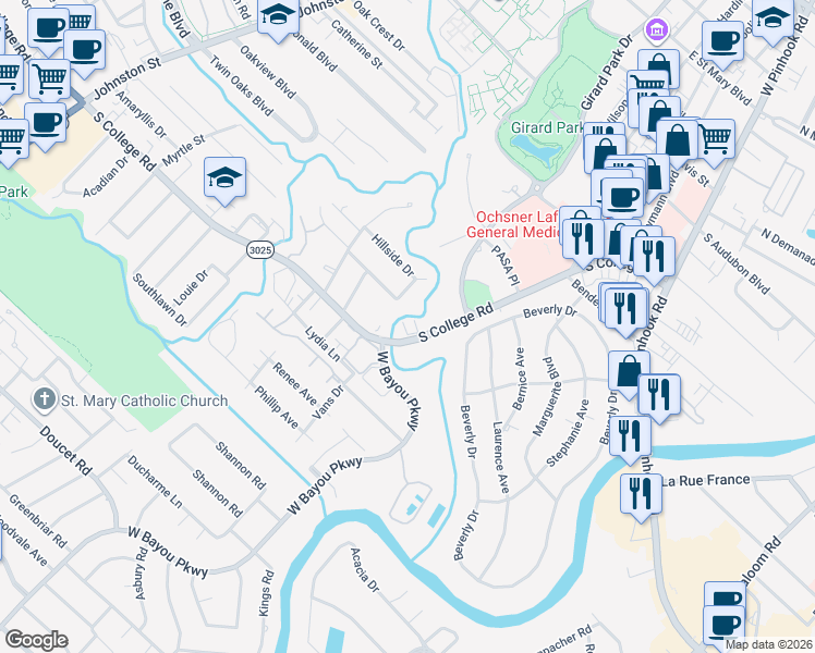 map of restaurants, bars, coffee shops, grocery stores, and more near 1201 South College Road in Lafayette