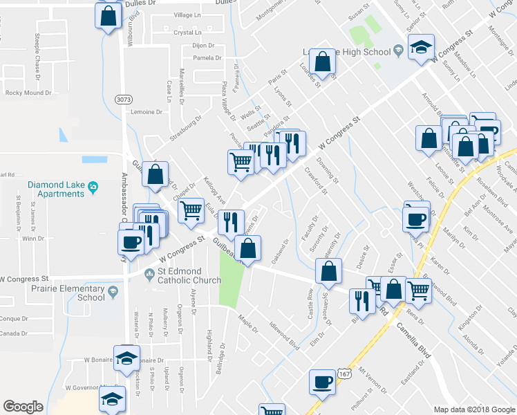 map of restaurants, bars, coffee shops, grocery stores, and more near 500 Bell Downs Drive in Lafayette