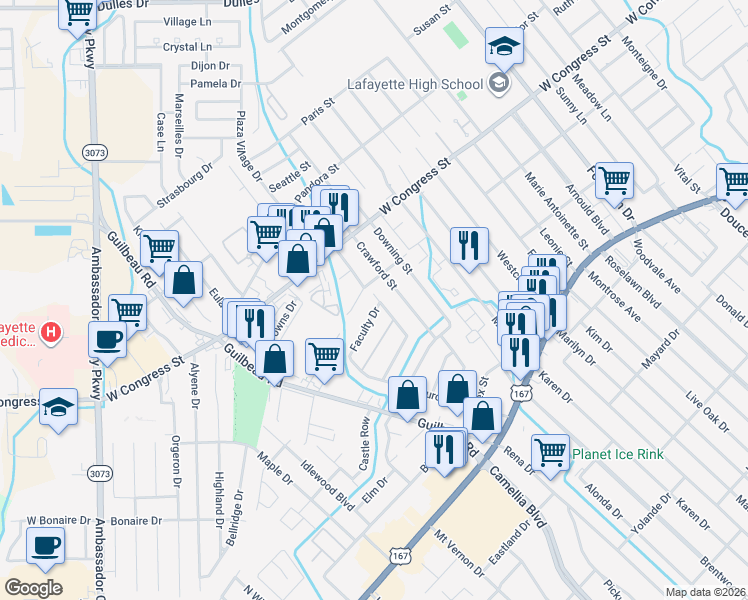 map of restaurants, bars, coffee shops, grocery stores, and more near 106 Coventry Street in Lafayette