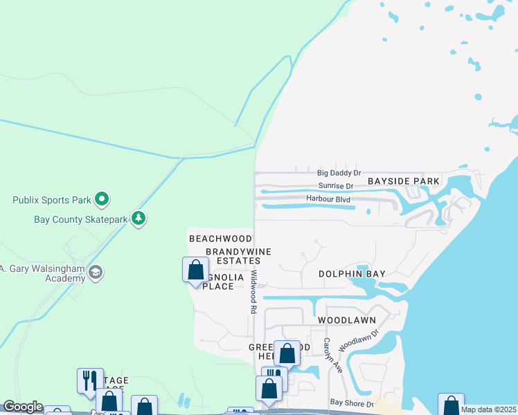 map of restaurants, bars, coffee shops, grocery stores, and more near 1010 Wildwood Road in Panama City Beach