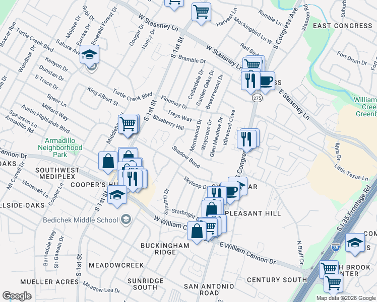map of restaurants, bars, coffee shops, grocery stores, and more near 319 Craigmont Drive in Austin