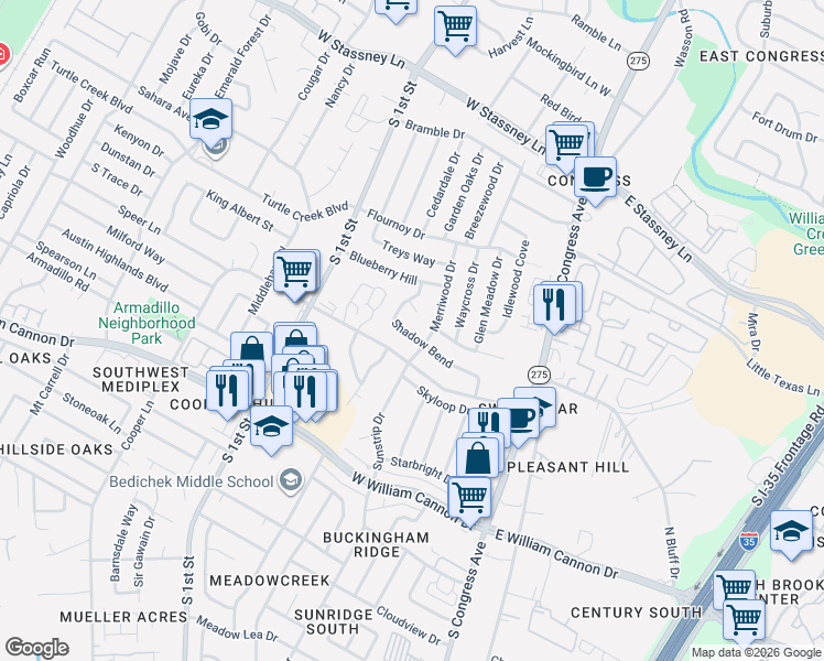 map of restaurants, bars, coffee shops, grocery stores, and more near 6314 Shadow Bend in Austin
