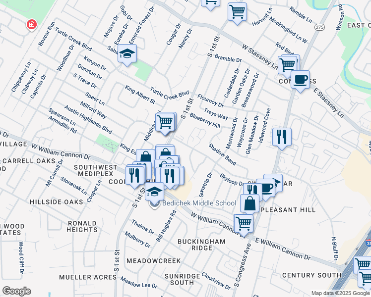 map of restaurants, bars, coffee shops, grocery stores, and more near 507 Eberhart Lane in Austin