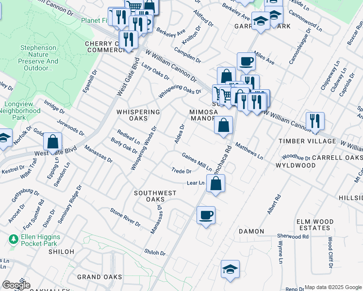 map of restaurants, bars, coffee shops, grocery stores, and more near 7334 Gaines Mill Lane in Austin