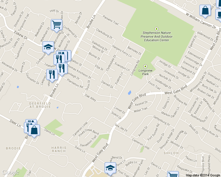 map of restaurants, bars, coffee shops, grocery stores, and more near 8102 Nottaway Cove in Austin