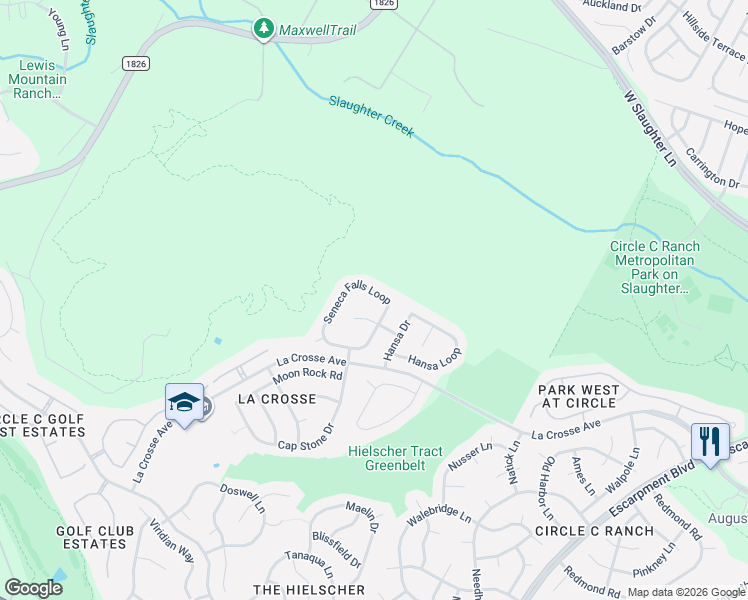 map of restaurants, bars, coffee shops, grocery stores, and more near 7504 Seneca Falls Loop in Austin