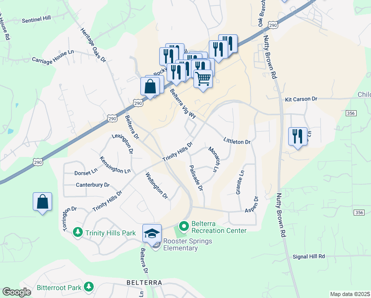map of restaurants, bars, coffee shops, grocery stores, and more near 399 Palisade Drive in Austin