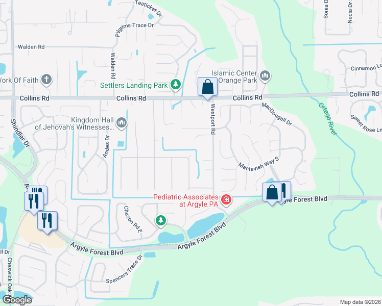 map of restaurants, bars, coffee shops, grocery stores, and more near 8111 Cayuga Trail East in Jacksonville