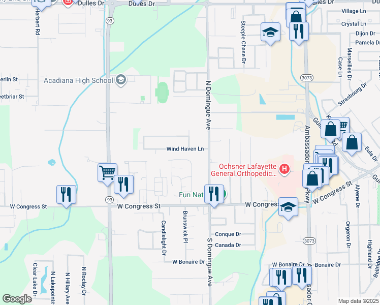 map of restaurants, bars, coffee shops, grocery stores, and more near 113 Wind Haven Lane in Lafayette