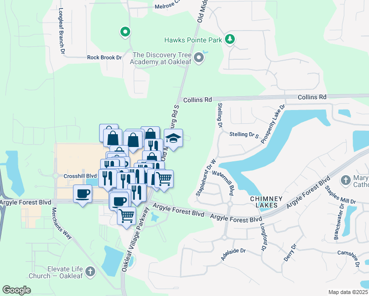 map of restaurants, bars, coffee shops, grocery stores, and more near 8085 Old Middleburg Road South in Jacksonville