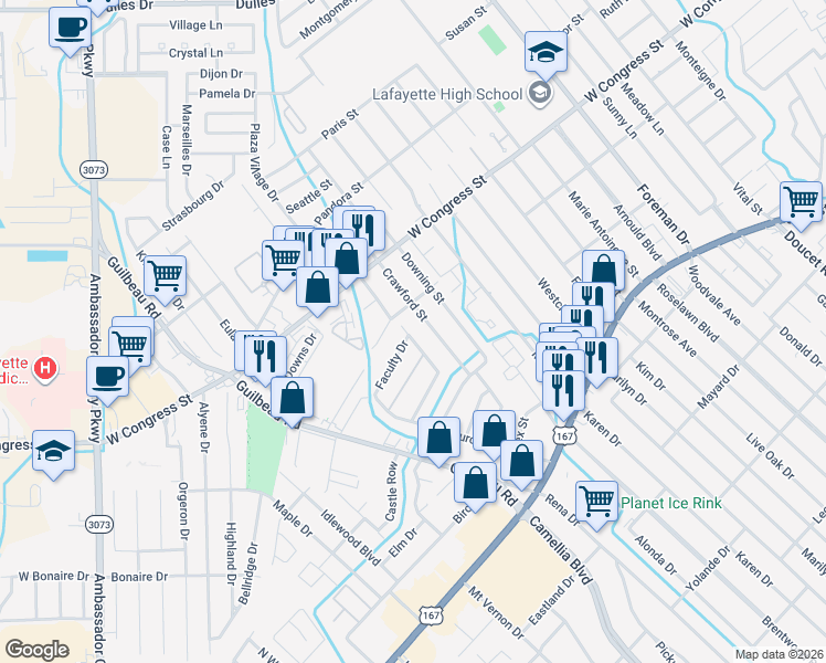 map of restaurants, bars, coffee shops, grocery stores, and more near 122 Collegiate Drive in Lafayette