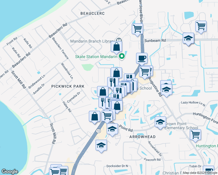 map of restaurants, bars, coffee shops, grocery stores, and more near 9798 Viceroy Drive East in Jacksonville