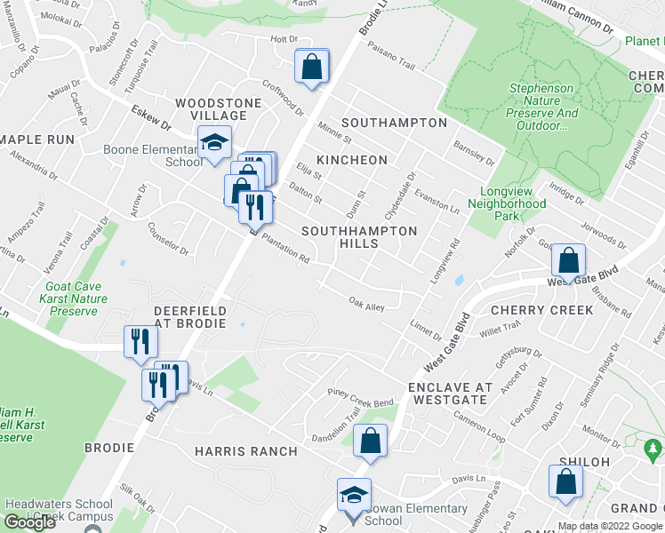 map of restaurants, bars, coffee shops, grocery stores, and more near Plantation Rd & Dunn St in Austin