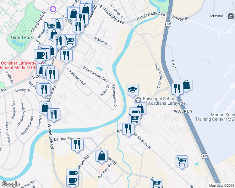 map of restaurants, bars, coffee shops, grocery stores, and more near 417 E Demanade Dr in Lafayette