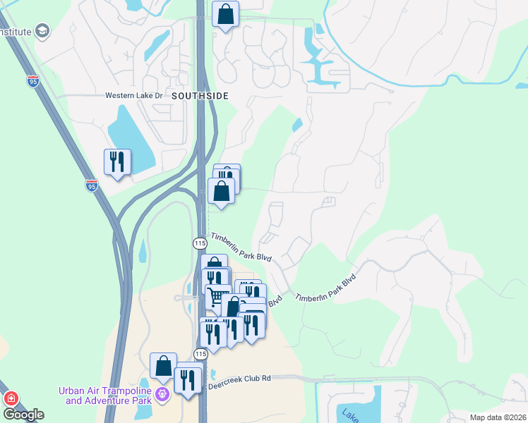 map of restaurants, bars, coffee shops, grocery stores, and more near 7635 Timberlin Park Boulevard in Jacksonville