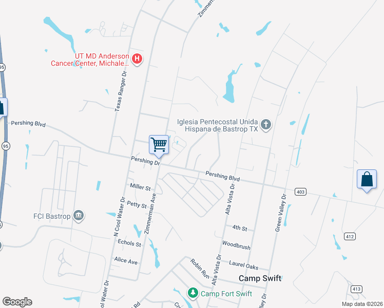 map of restaurants, bars, coffee shops, grocery stores, and more near 113 Horseshoe Drive in Bastrop