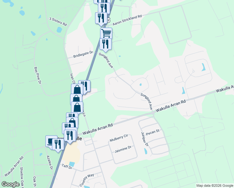 map of restaurants, bars, coffee shops, grocery stores, and more near 68 Purple Martin Cove in Crawfordville