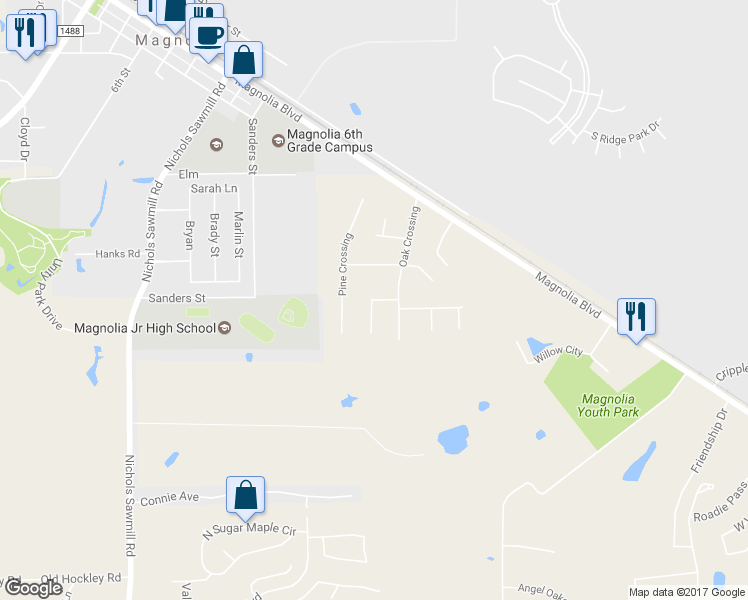 map of restaurants, bars, coffee shops, grocery stores, and more near 33322 Cottonwood in Magnolia