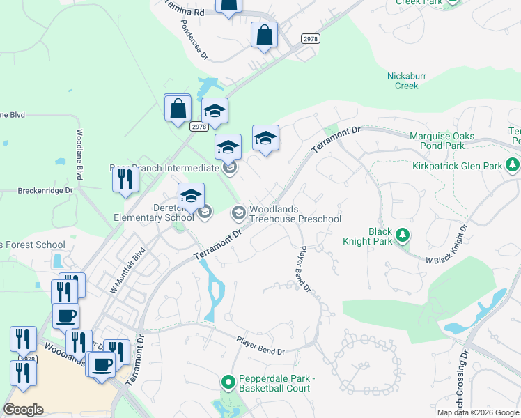 map of restaurants, bars, coffee shops, grocery stores, and more near 6 Innerwoods Place in The Woodlands