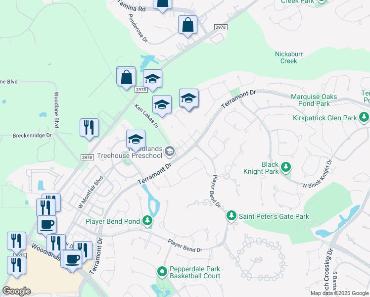 map of restaurants, bars, coffee shops, grocery stores, and more near 7 Innerwoods Place in The Woodlands