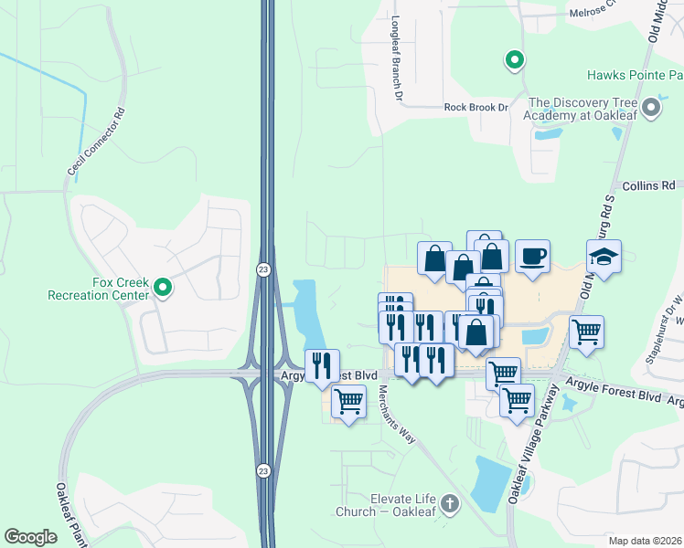 map of restaurants, bars, coffee shops, grocery stores, and more near 8240 Guild Way in Jacksonville
