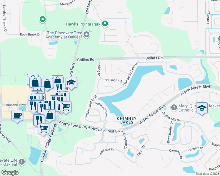 map of restaurants, bars, coffee shops, grocery stores, and more near 8340 Swanton Lane in Jacksonville