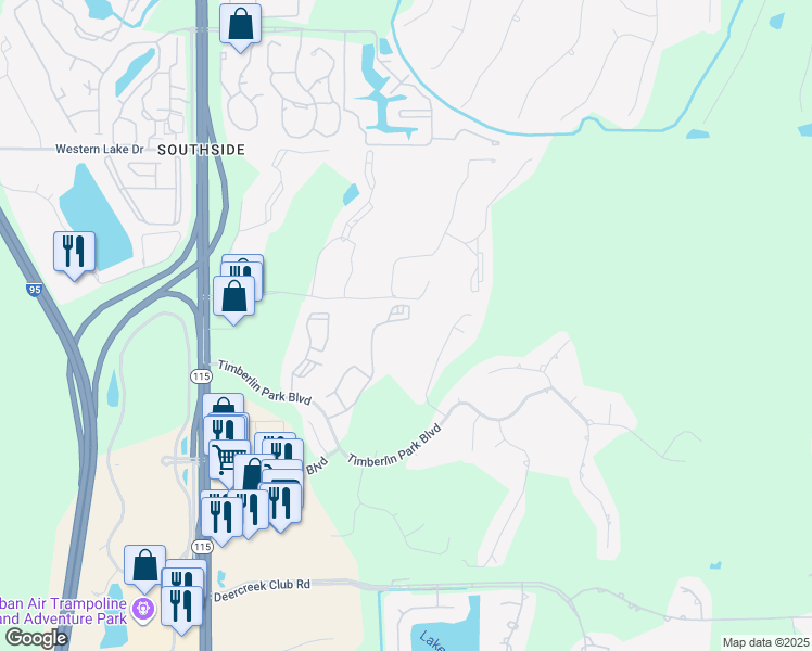 map of restaurants, bars, coffee shops, grocery stores, and more near 7701 Timberlin Park Boulevard in Jacksonville