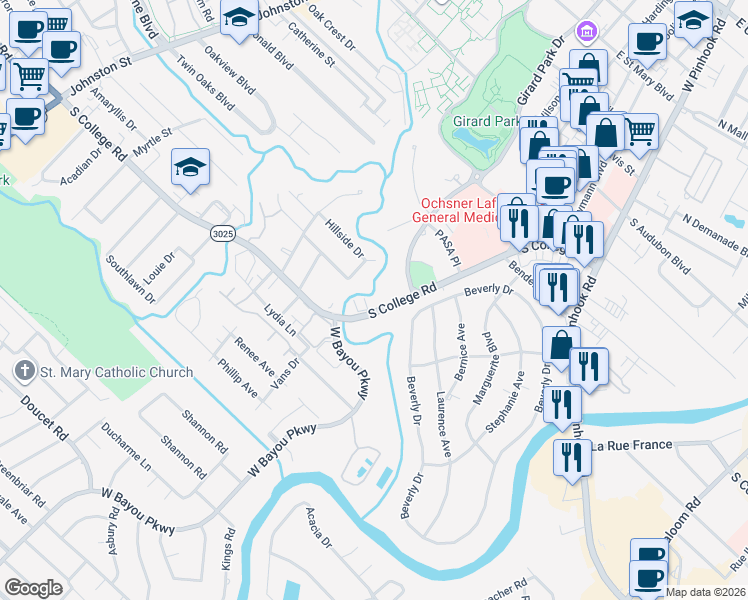 map of restaurants, bars, coffee shops, grocery stores, and more near 1201 South College Road in Lafayette