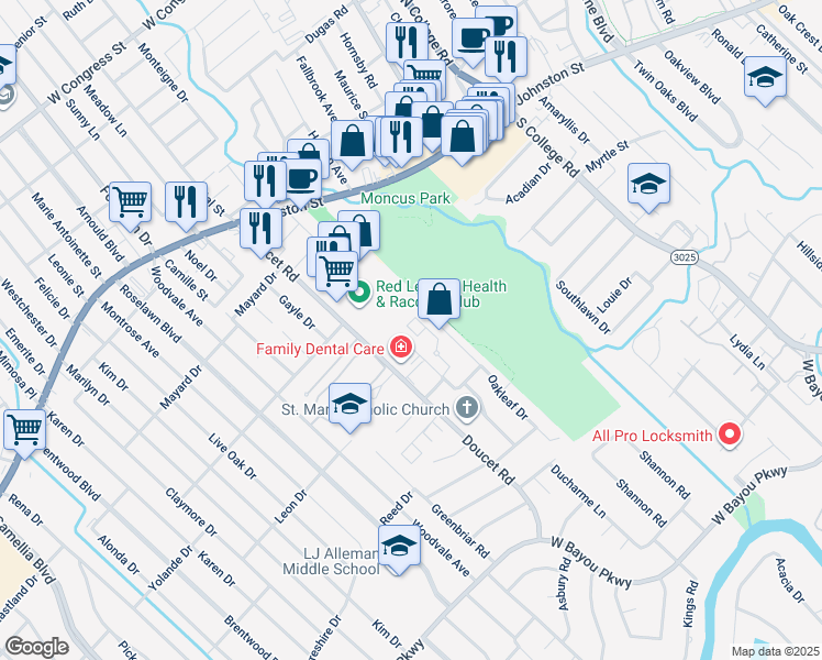 map of restaurants, bars, coffee shops, grocery stores, and more near 139 Ridgeway Drive in Lafayette
