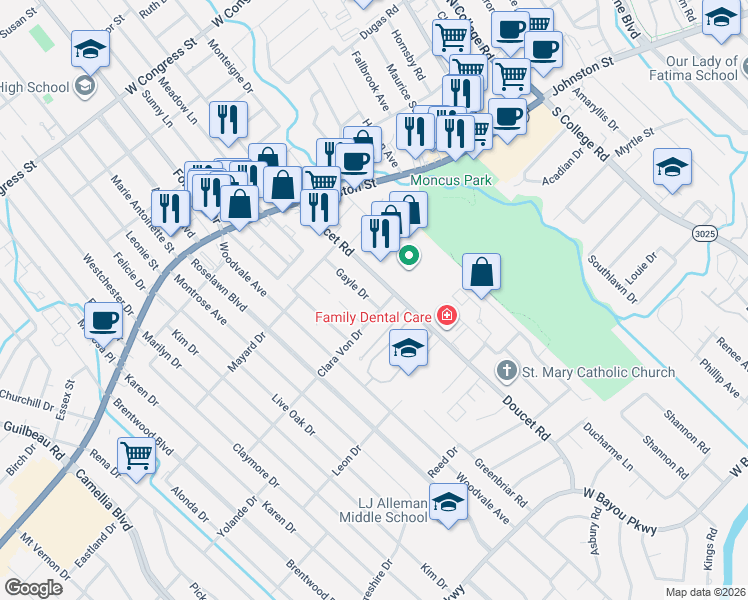 map of restaurants, bars, coffee shops, grocery stores, and more near 105 Gayle Drive in Lafayette
