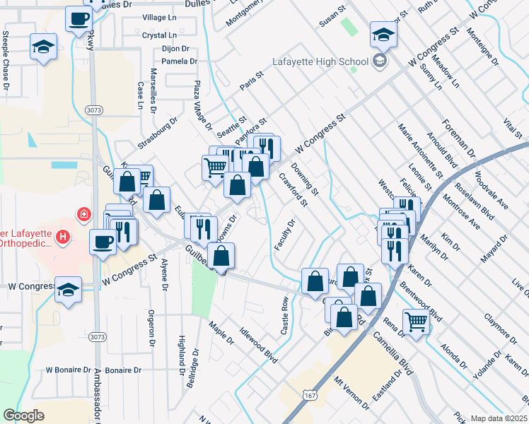 map of restaurants, bars, coffee shops, grocery stores, and more near 100 Winchester Drive in Lafayette