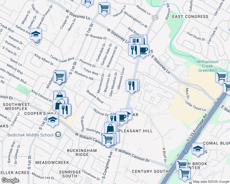 map of restaurants, bars, coffee shops, grocery stores, and more near 6213 Idlewood Cove in Austin