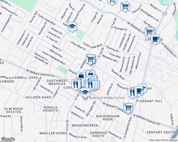 map of restaurants, bars, coffee shops, grocery stores, and more near 6422 South 1st Street in Austin