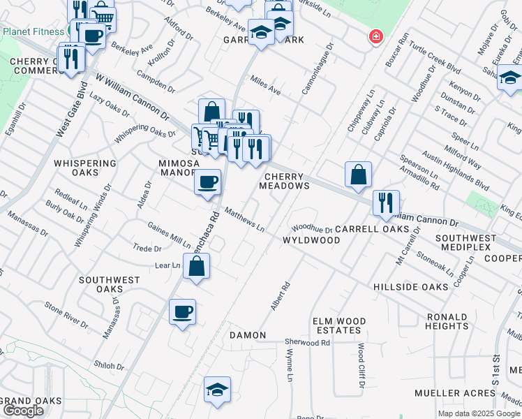 map of restaurants, bars, coffee shops, grocery stores, and more near 1705 Cherry Meadow Circle in Austin