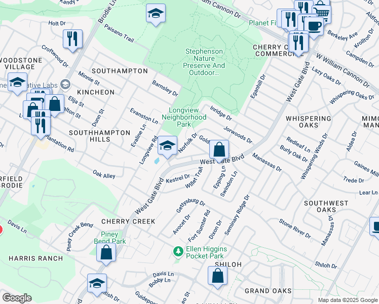 map of restaurants, bars, coffee shops, grocery stores, and more near 7912 Ibis Cove in Austin