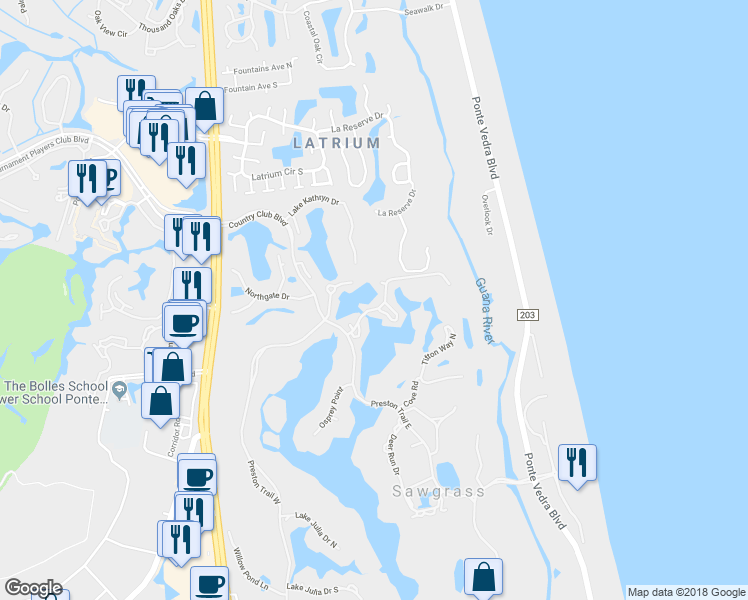 map of restaurants, bars, coffee shops, grocery stores, and more near 67 Fishermans Cove in Ponte Vedra Beach