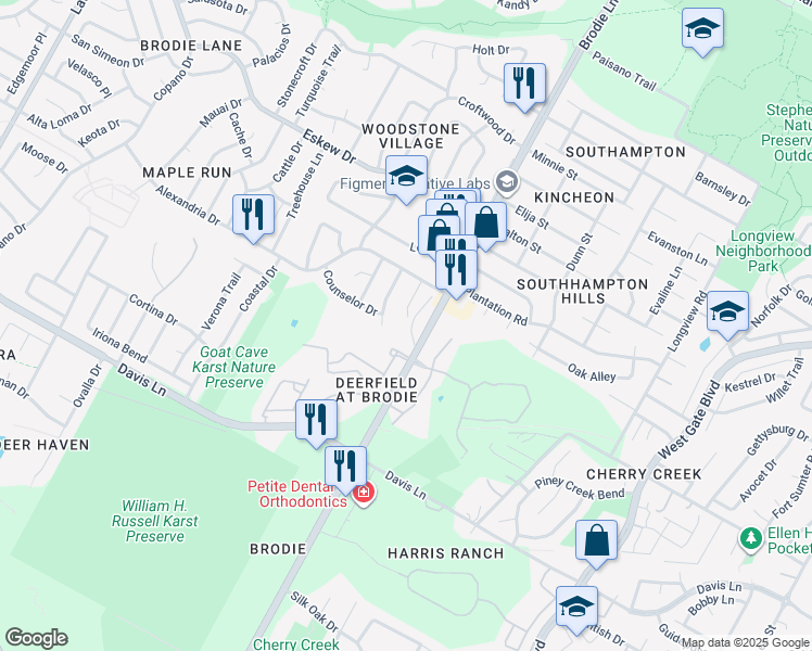 map of restaurants, bars, coffee shops, grocery stores, and more near 8410 Hornet Drive in Austin