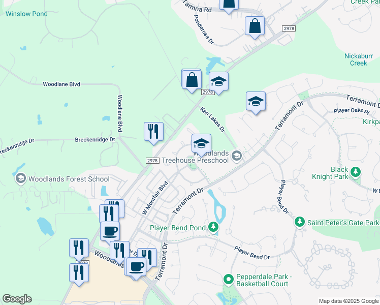 map of restaurants, bars, coffee shops, grocery stores, and more near 54 North Montfair Park Circle in The Woodlands