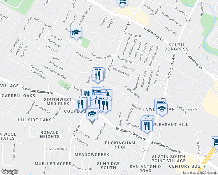 map of restaurants, bars, coffee shops, grocery stores, and more near 507 Eberhart Lane in Austin