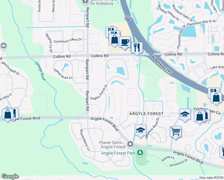 map of restaurants, bars, coffee shops, grocery stores, and more near 7153 Fire Fly Drive in Jacksonville