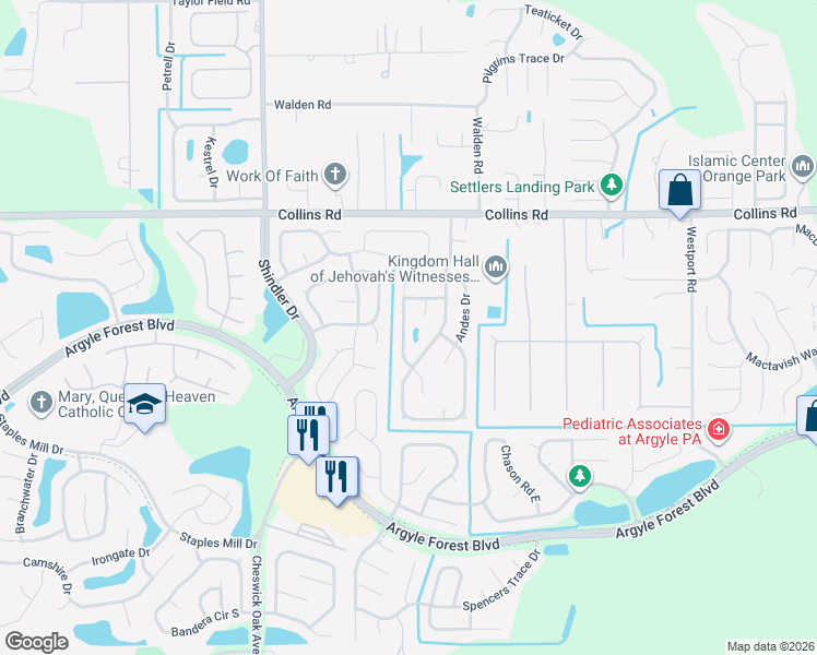 map of restaurants, bars, coffee shops, grocery stores, and more near 7781 Pikes Peak Drive in Jacksonville