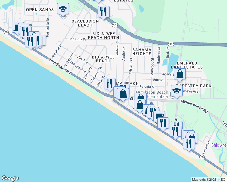 map of restaurants, bars, coffee shops, grocery stores, and more near 13616 Hutchison Boulevard in Panama City Beach